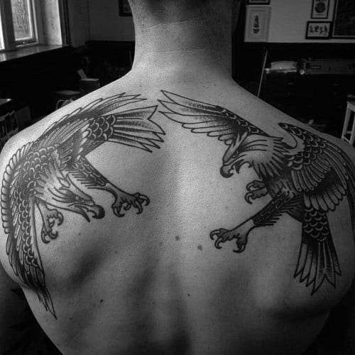 Two Eagles Guys Upper Back Traditional Old School Tattoo Design Ideas