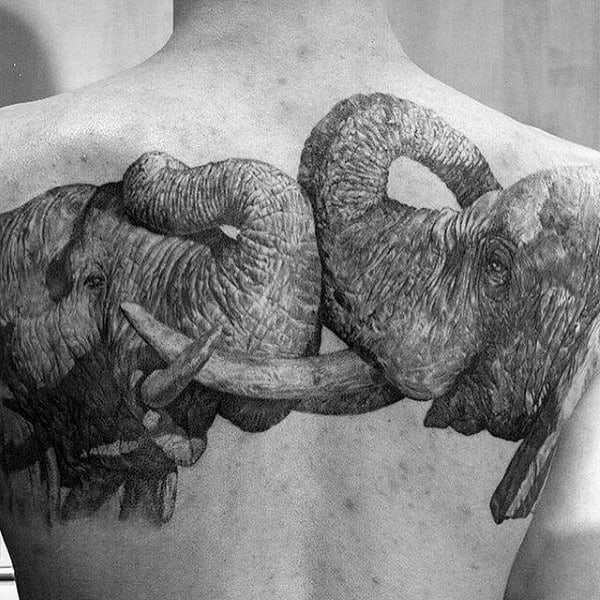 Two Elephants Male Upper Back Realistic Tattoo Ideas