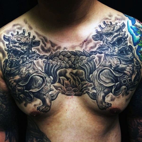 Two Foo Dogs Mens Chest Tattoos