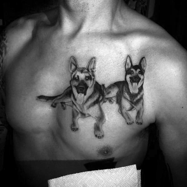 Two German Shepherd Dogs Mens Chest Tattoo