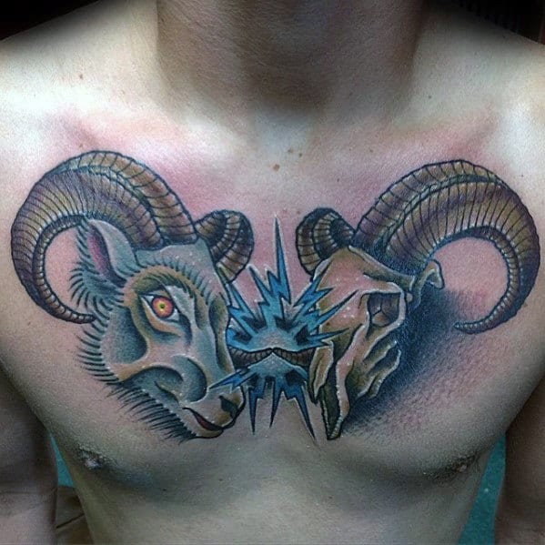 Two Goat Skulls Guys Upper Chest Abstract Tattoos