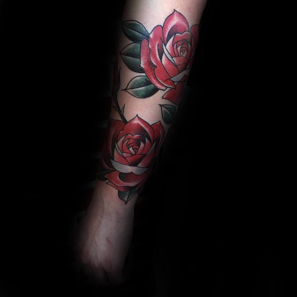 Two Red Roses Mens Traditional Forearm Tattoos