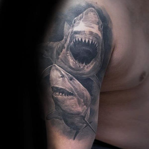 Two Sharks Underwater Mens Shaded Half Sleeve Tattoo