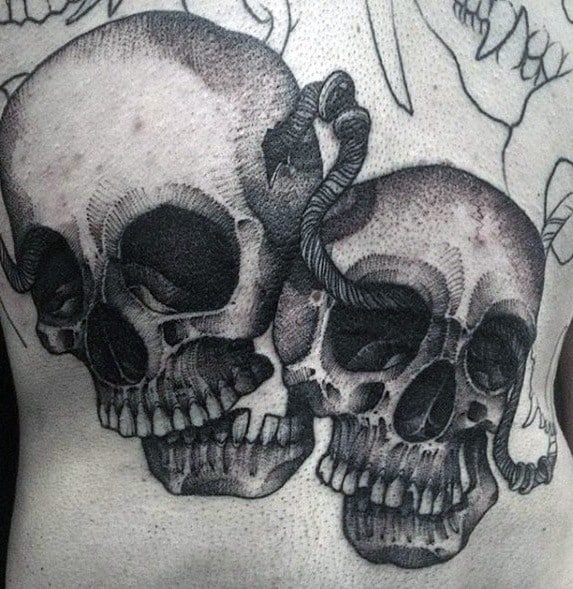 Two Skulls Black And Grey Ink Mens Unique Chest Tattoos