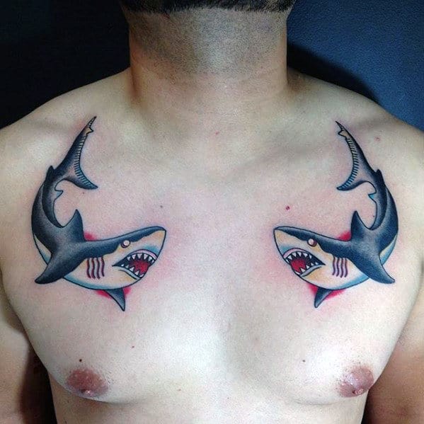 Two Traditional Sharks Mens Upper Chest Tattoos
