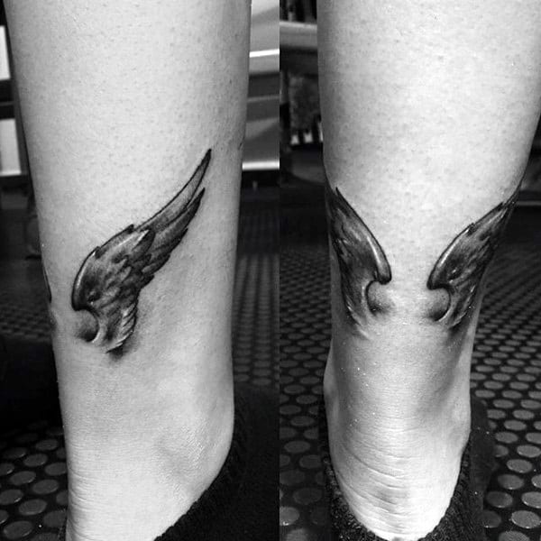 Two Wings Male Hermes Lower Leg Tattoos