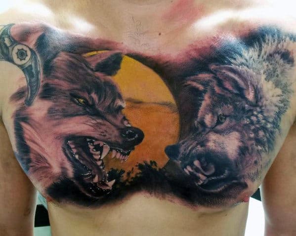 Two Wolves With Red Sun Mens Realistic Chest Tattoo