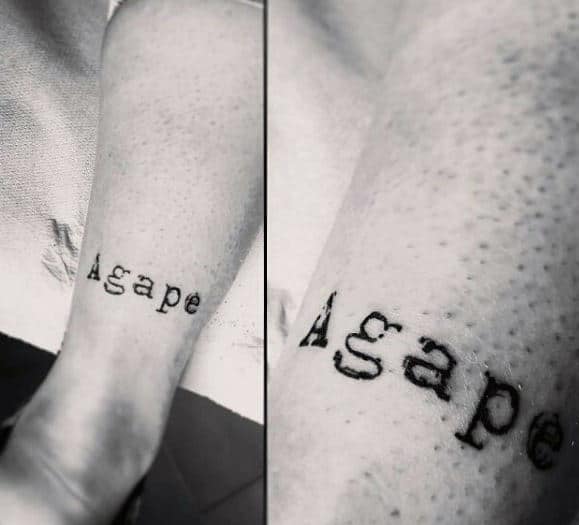 Typewriter Font Agape Mens Back Of Lower Leg Tattoo
