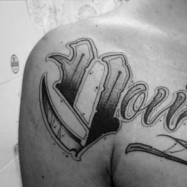 Typography Letters Shoulder Scythe Tattoo Ideas For Gentlemen