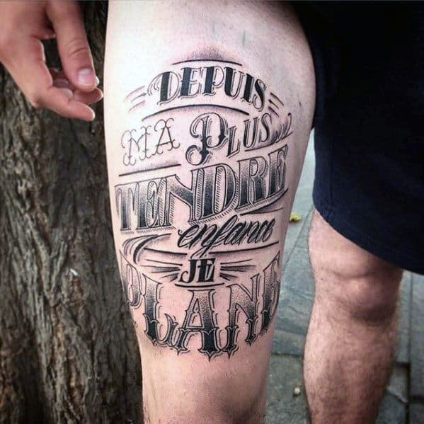 Typography Mens Tattoo Ideas On Thigh