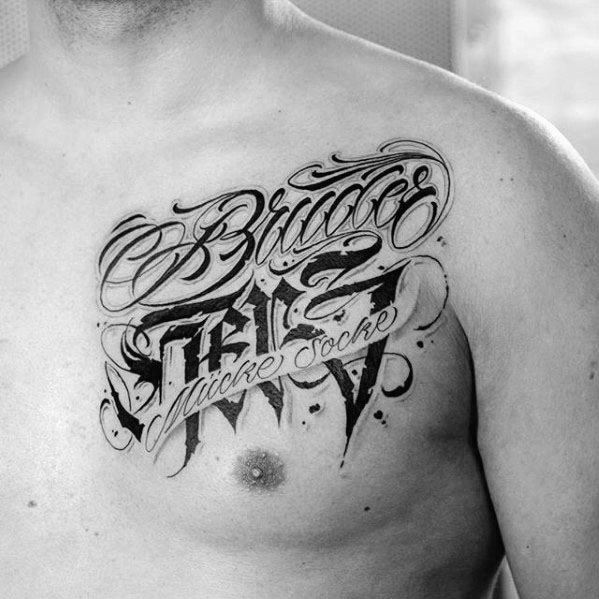 Typography Tattoo Design On Man Upper Chest
