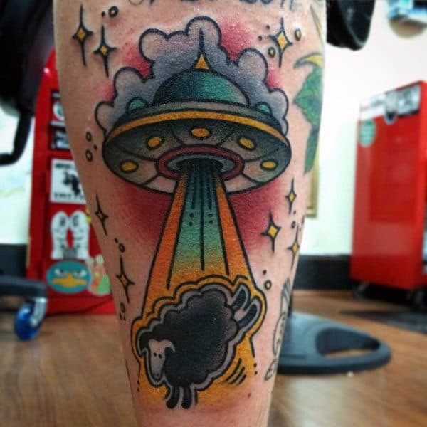 Ufo Pulling Wolly Sheep Tattoo Male Calves
