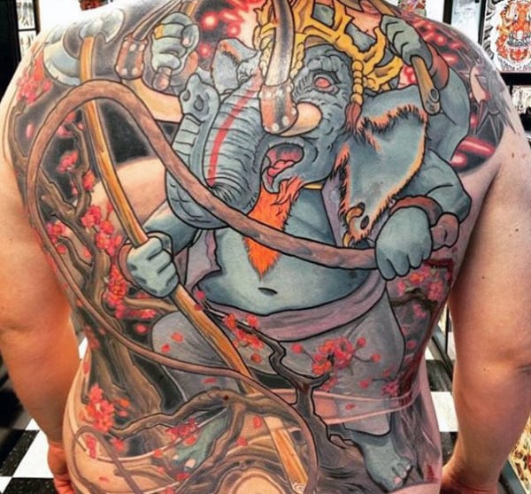 Ultimate Elephant In A Fight Tattoo Males Back