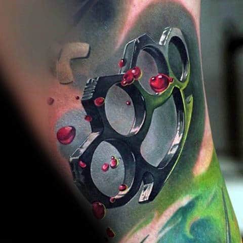 Ultra Realistic 3d Blood Brass Knuckles Mens Sleeve Tattoo Designs