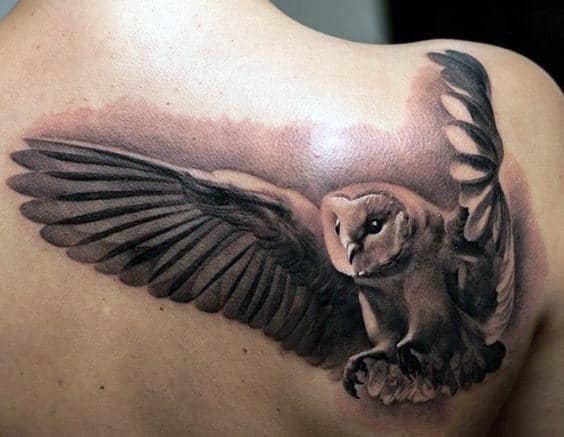 Ultra Realistic Barn Owl Shaded Black And White Ink Mens Upper Back Tattoo Ideas