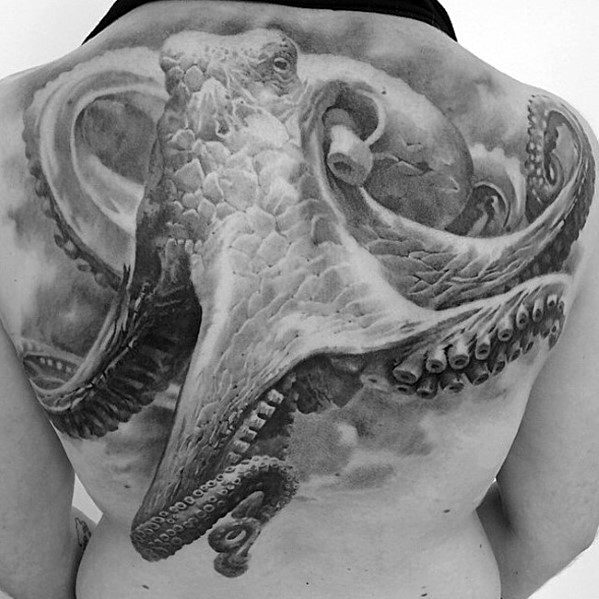 Ultra Realistic Mens 3d Octopus Shaded Back Tattoo