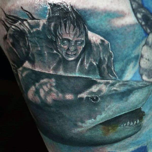 Under Water Mens Bicep Shark Tattoos In Blue Ink