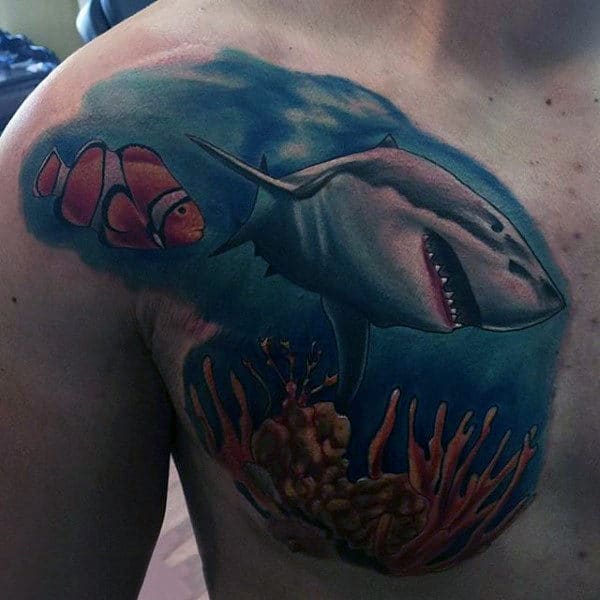 Underwater Awesome Shark And Fish Mens Upper Chest And Shoulder Tattoo Watercolor Design