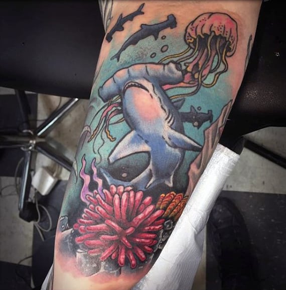 Underwater Life And Jellyfish Tattoo Male Forearms