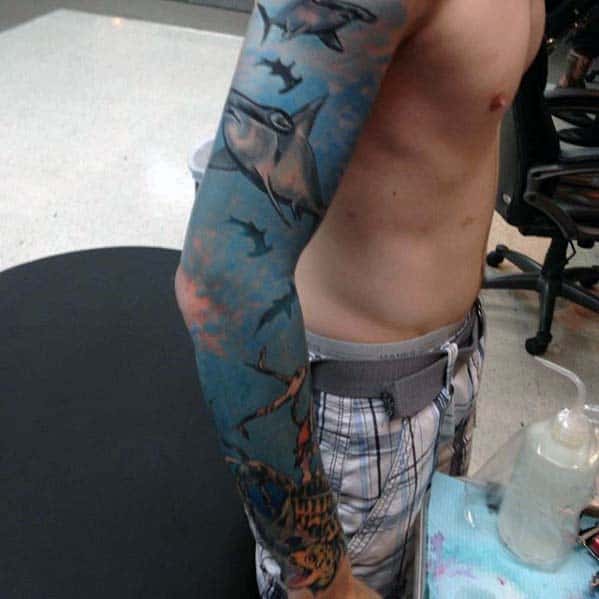 Underwater Ocean Guys Full Sleeve Tattoo Design Ideas