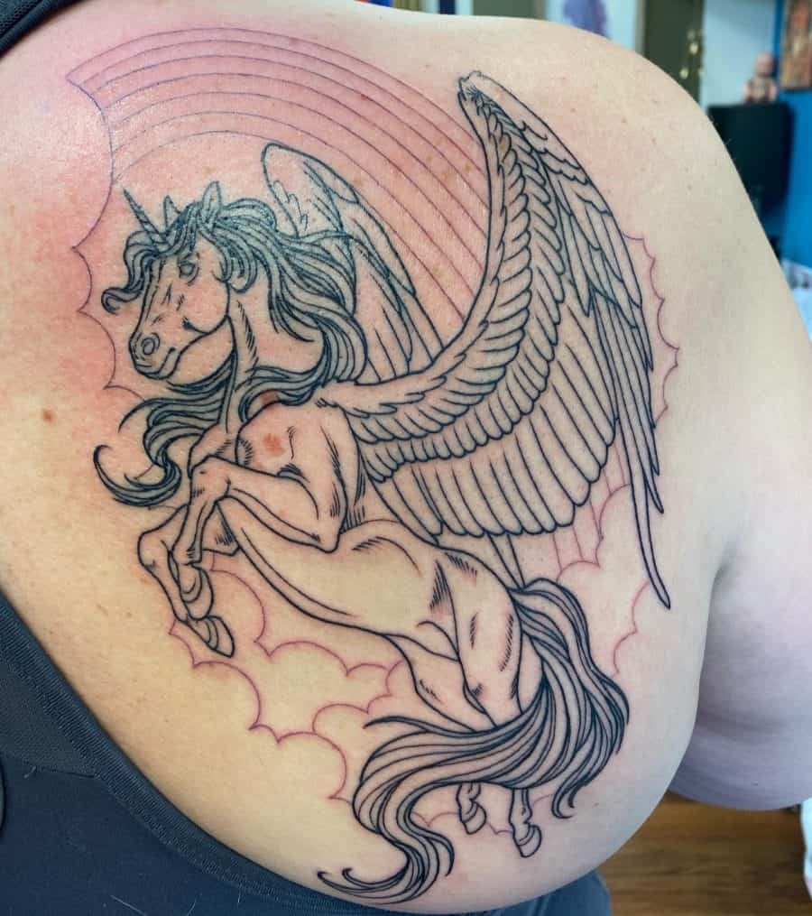 Unfinished Black Ink Pegasus With Rainbows Poised To Fly Linework Unicorn Tattoo