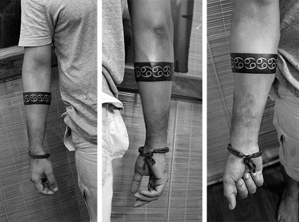 Unique 69 Negative Space Mens Black Ink Forearm Band Tattoo