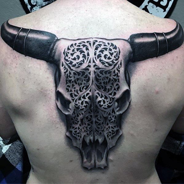 Unique Back 3d Animal Bull Skull Tattoos For Men