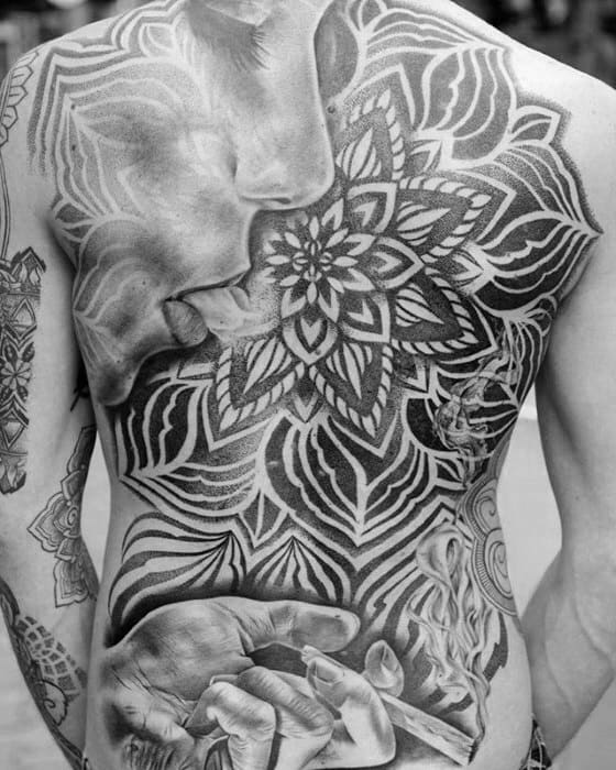 Unique Back Flower With Female Portrait Geometric Mens Back Tattoos