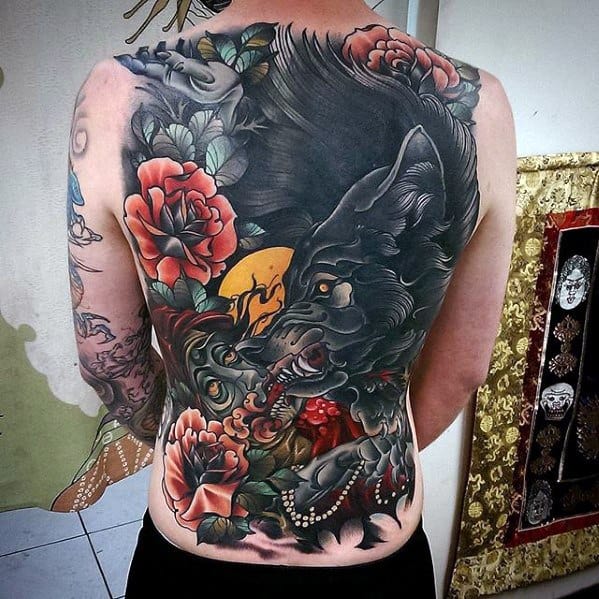 Unique Back Wolf With Flowers Guys Neo Traditional Tattoo Designs