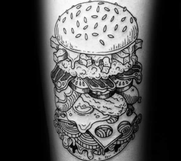 Unique Black Ink Arm Mens Cheeseburger Tattoos