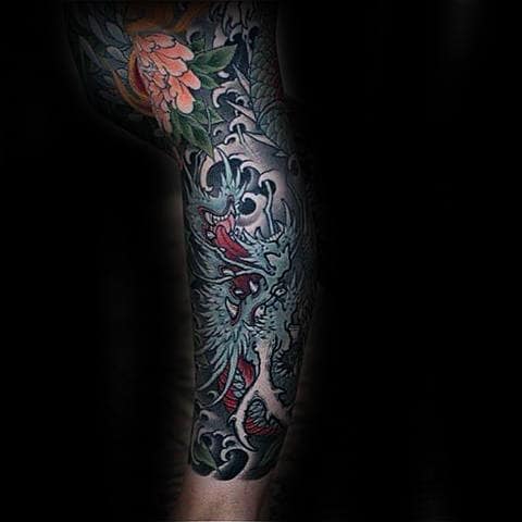 Unique Blue Dragon With Flower Japanese Male Leg Sleeve Tattoo Design Ideas