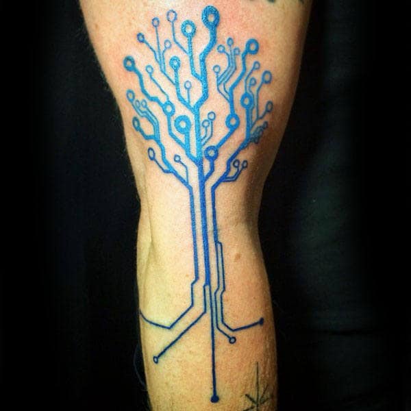 Unique Blue Ink Tree Circuit Board Mens Leg Tattoos