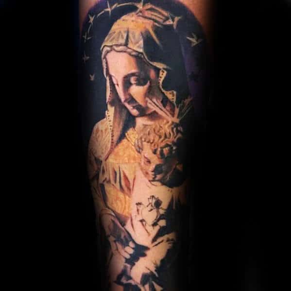 Unique Catholic Mother Mary Guys Leg Tattoo Design Ideas