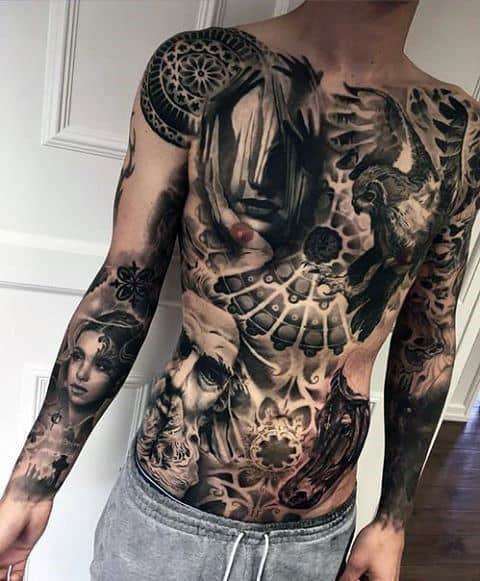 Unique Chest And Arm Mens Sleeve Tattoos