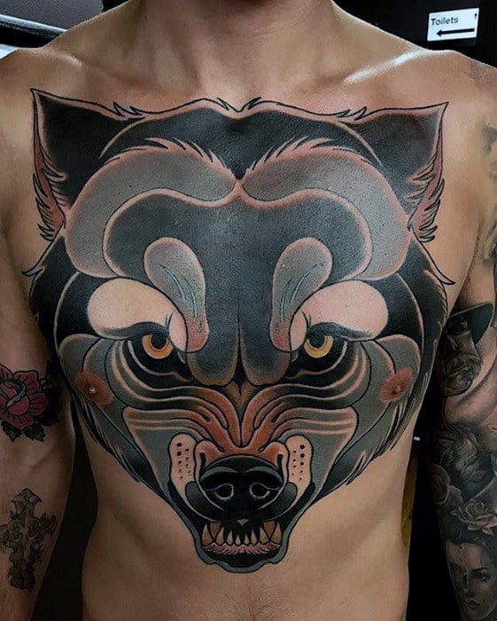 Unique Chest Neo Traditional Wolf Tattoos For Guys