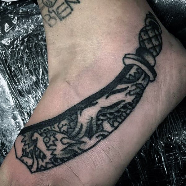 Unique Dragon Traditional Dagger Mens Foot Tattoos