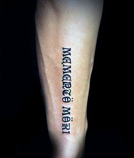 Unique Font Memento Mori Male Outer Forearm Tattoo