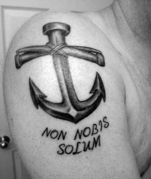 Unique Guys Anchor Cross Shoulder Cap And Upper Arm Tattoo