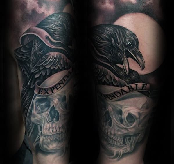 Unique Guys Expendables Black Crow And Skull Forearm Sleeve Tattoo