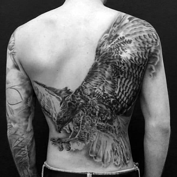 Unique Guys Grey And Black Eagle Tattoo Design Ideas On Back