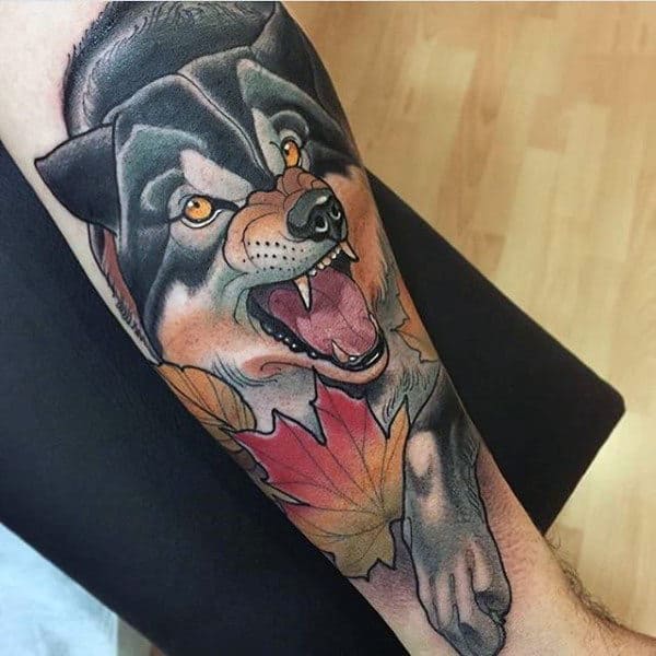 Unique Guys Growling Wolf Neo Traditional Outer Forearm Tattoo Designs