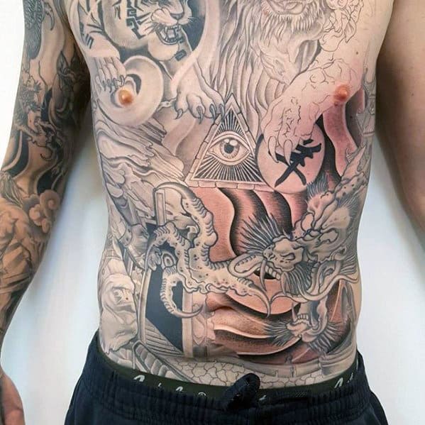 Unique Guys Japanese Chest And Stomach Tattoos