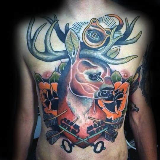 Unique Guys Traditional Deer Full Chest Tattoos