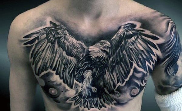 Unique Heavily Shaded Tattoo Of Eagle On Gentlemans Chest