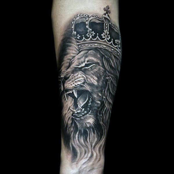 Unique Heavily Shaded Tattoo Of Lion With Crown On Male