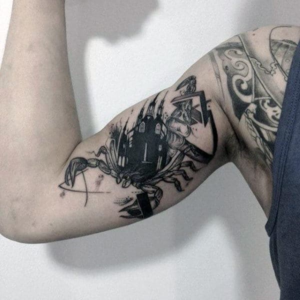 Unique House On Scorpio Design Tattoo On Arms For Male