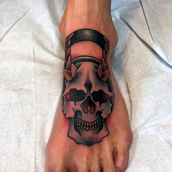 Unique Kettlebell Skull Traditional Crossfit Tattoos For Men On Foot