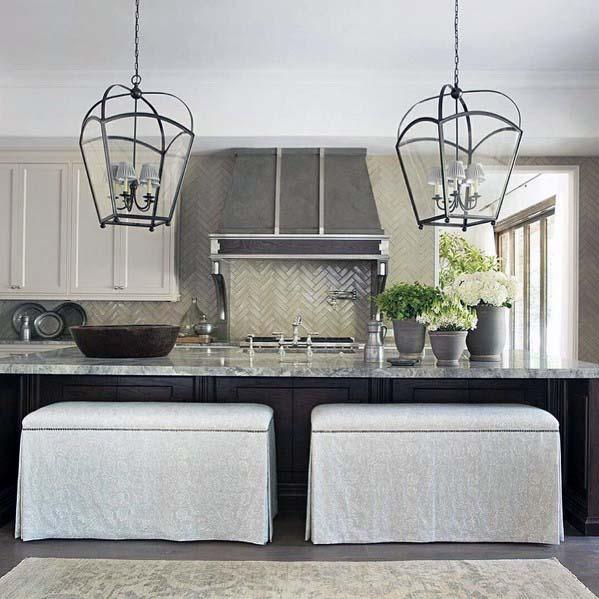 gray kitchen hood with borders with large island