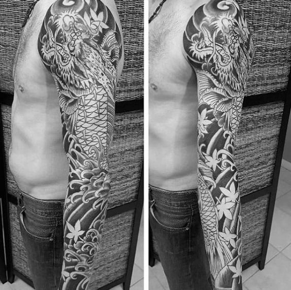 Unique Koi Dragon Full Sleeve Japanese Guys Tattoos