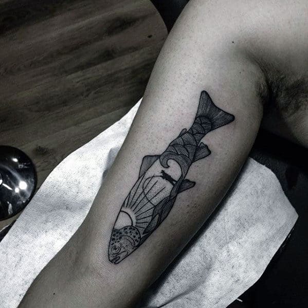 Unique Man Fishing Inside Trout Fish Guys Inner Arm Tattoos